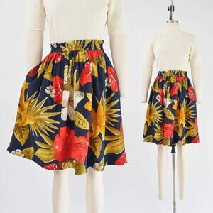 Vintage 90s Tropical Floral Silk Elastic Waist Full Mini Skirt with Pockets M